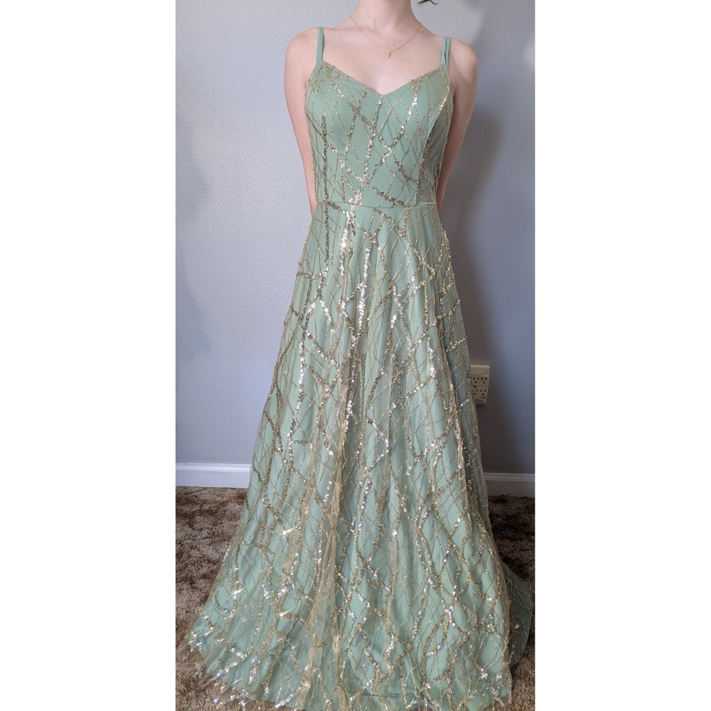 TLC Say Yes to the Prom Dress Ball Gown Juniors Sz 3 Sage Green Gold Sequins 650
